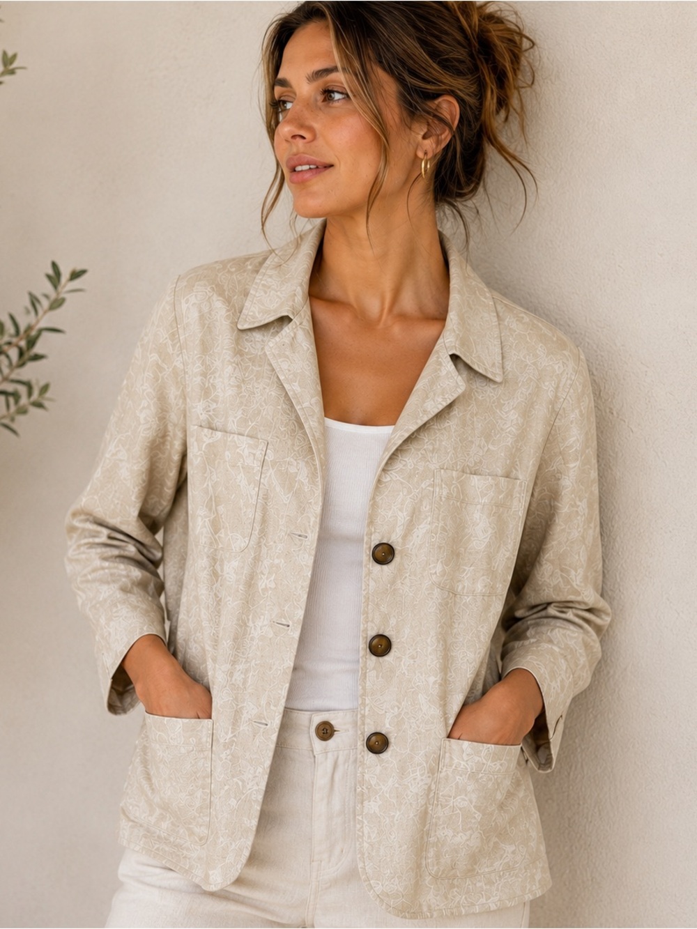 Jones New York Linen Blend Jacket | Neutral Beige Botanical Blazer | CoastalChic